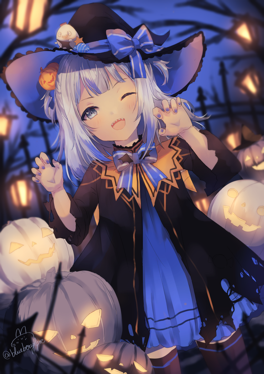 1girl :d bangs beryl_(blueberylpie) black_legwear blue_eyes blunt_bangs blush bow bowtie dress gawr_gura hair_ornament halloween hat highlights hololive hololive_english jack-o'-lantern lamp long_hair long_sleeves looking_at_viewer multicolored multicolored_clothes multicolored_dress multicolored_hair nail_polish night one_eye_closed open_mouth outdoors pumpkin sharp_teeth signature smile solo striped striped_neckwear teeth thigh-highs two-tone_headwear upper_teeth virtual_youtuber white_hair wide_sleeves witch witch_hat