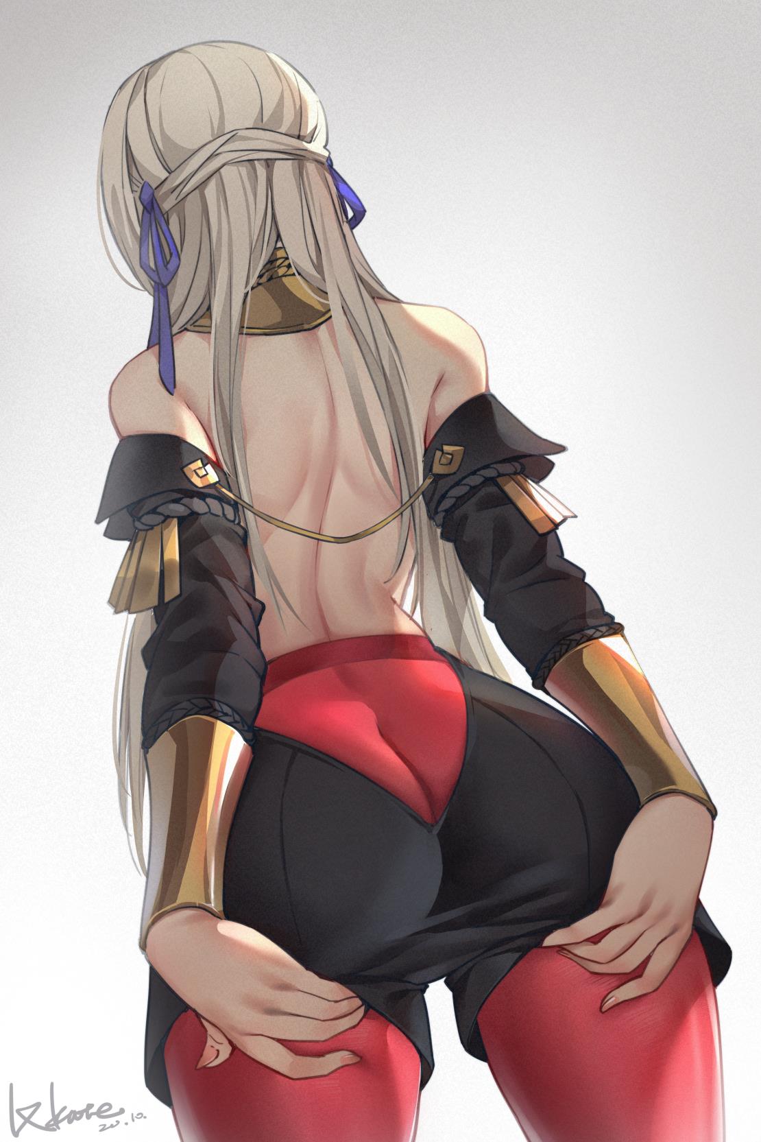 1girl ass back bare_back bare_shoulders black_shorts blue_ribbon butt_crack edelgard_von_hresvelg fire_emblem fire_emblem:_three_houses from_behind gradient gradient_background hair_ribbon hand_under_clothes hand_under_shorts highres leggings long_hair lxkate nail_polish red_legwear ribbon shorts signature simple_background solo white_hair