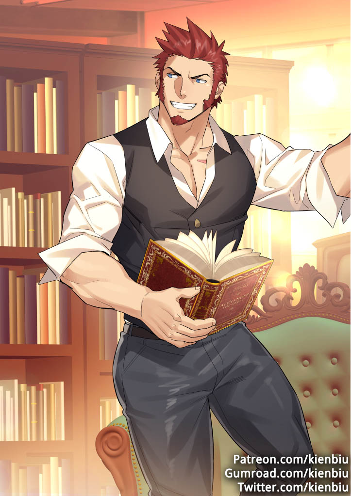 1boy alternate_costume bara black_vest book bookshelf brown_hair chest collarbone collared_shirt couch facial_hair fate/grand_order fate_(series) formal goatee grin holding holding_book leg_up library male_focus muscle napoleon_bonaparte_(fate/grand_order) open_clothes open_shirt pants raised_eyebrow shirt short_hair sideburns sleeves_rolled_up smile solo tight tight_pants vest white_shirt