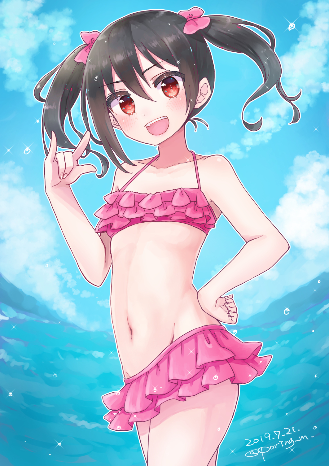 1girl :d \n/ bangs bikini bikini_skirt black_hair blue_sky bow clouds cloudy_sky commentary dated day droplet frilled_bikini frills hair_bow hand_on_hip highres looking_at_viewer love_live! love_live!_school_idol_project medium_hair miyamae_porin navel ocean open_mouth outdoors pink_bikini pink_bow red_eyes sky smile solo standing swimsuit twintails twitter_username yazawa_nico