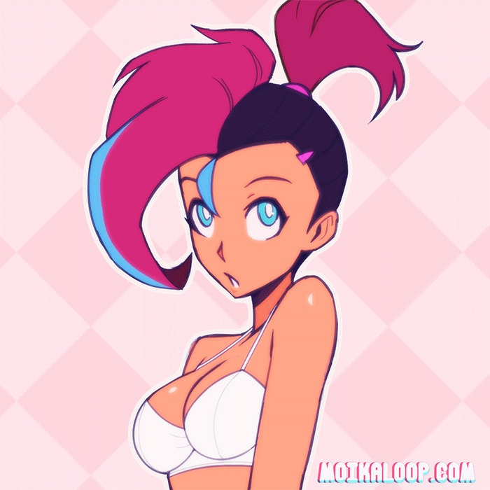 animated animated_gif aqua_eyes bra breasts checkered checkered_background hair_ornament medium_breasts mohawk moika_(moikaloop) moikaloop original outline parted_lips ponytail purple_hair smile underwear underwear_only upper_body watermark web_address white_bra white_outline
