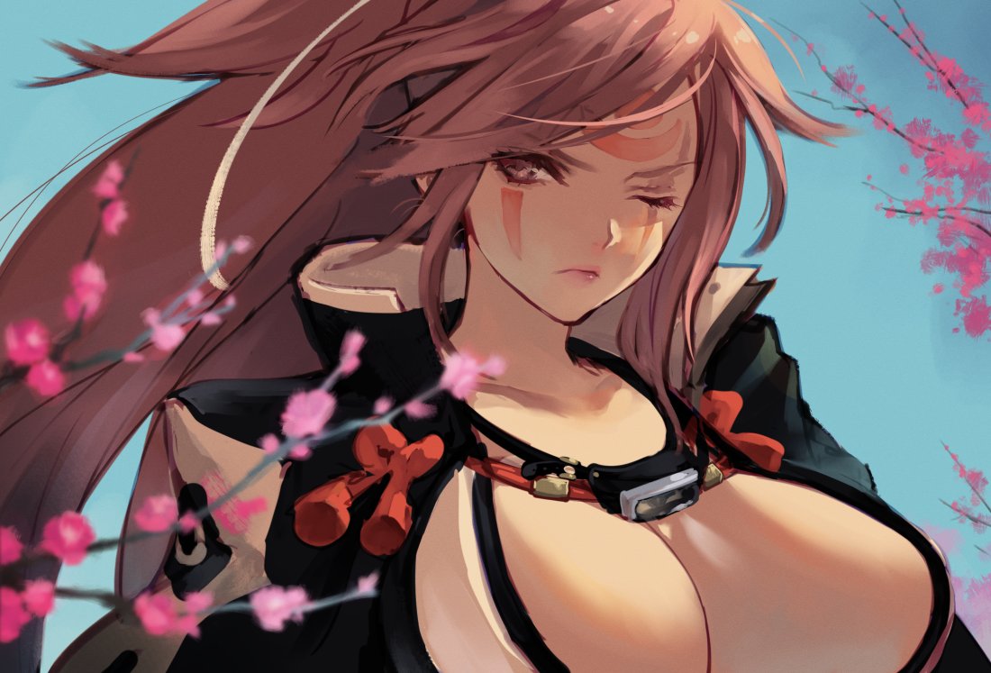 1girl amputee baiken big_hair black_jacket black_kimono blue_sky breasts cherry_blossoms commentary_request guilty_gear guilty_gear_xrd jacket jacket_on_shoulders jako_(toyprn) japanese_clothes kataginu kimono large_breasts long_hair multicolored multicolored_clothes multicolored_kimono one-eyed open_clothes open_kimono pink_hair ponytail red_eyes samurai scar scar_across_eye sky white_kimono