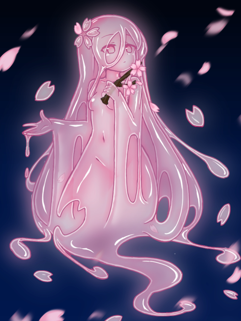 1girl blue_background branch breasts cherry_blossoms closed_mouth floating_hair flower ghost ghost_tail hair_between_eyes hair_flower hair_ornament hand_up holding holding_branch kixyuresu long_hair monster_girl navel nude original petals pink_eyes pink_hair pink_sclera pink_skin slime_girl small_breasts solo very_long_hair