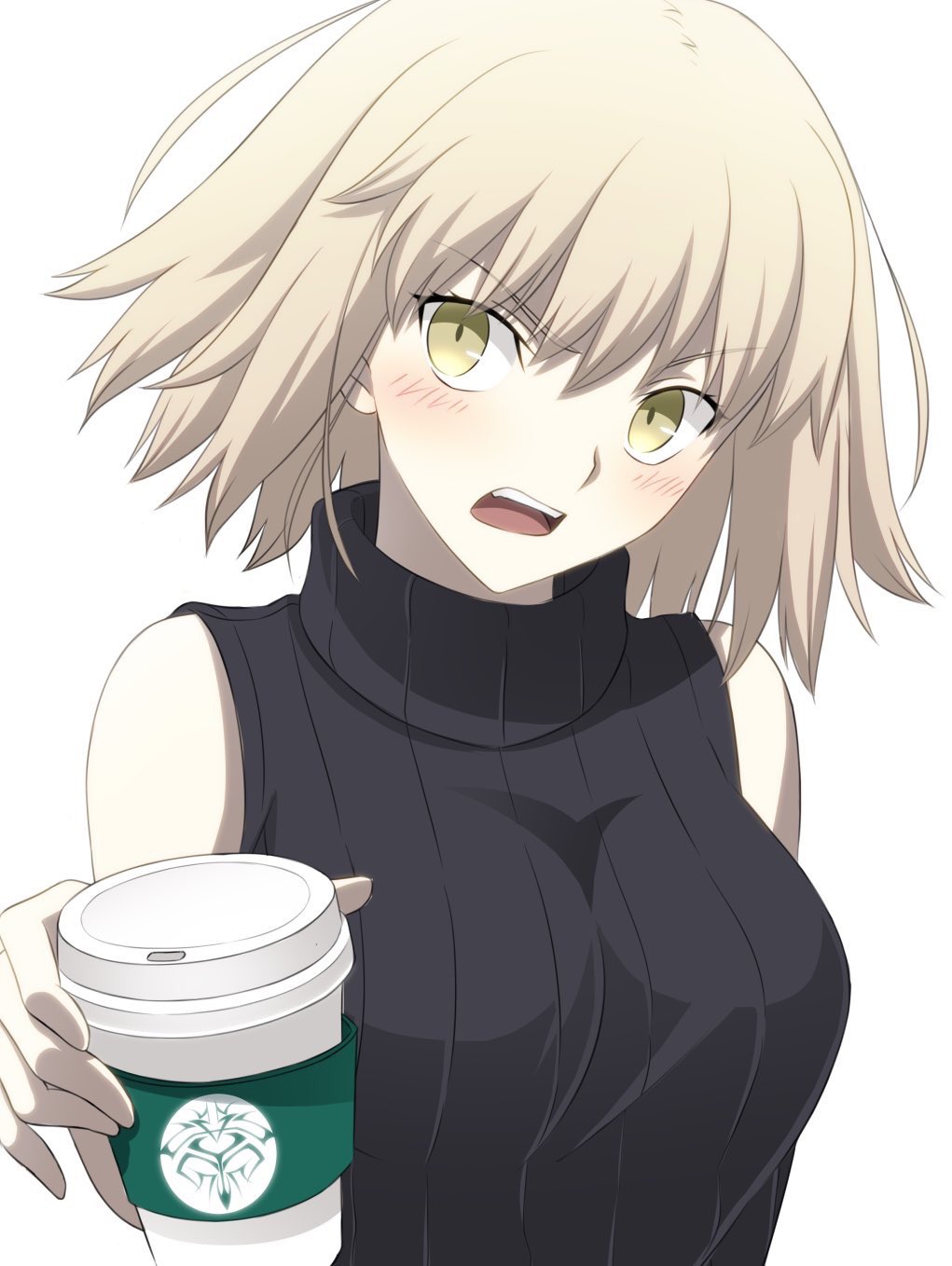 1girl black_ribbon black_sweater blush breasts coffee_cup commentary_request cup disposable_cup eyebrows_visible_through_hair fate/grand_order fate_(series) fumika_asano grey_hair head_tilt highres holding holding_cup jeanne_d'arc_(fate) jeanne_d'arc_(fate)_(all) large_breasts looking_at_viewer open_mouth ribbed_sweater ribbon short_hair sleeveless_sweater solo sweater turtleneck turtleneck_sweater upper_body yellow_eyes