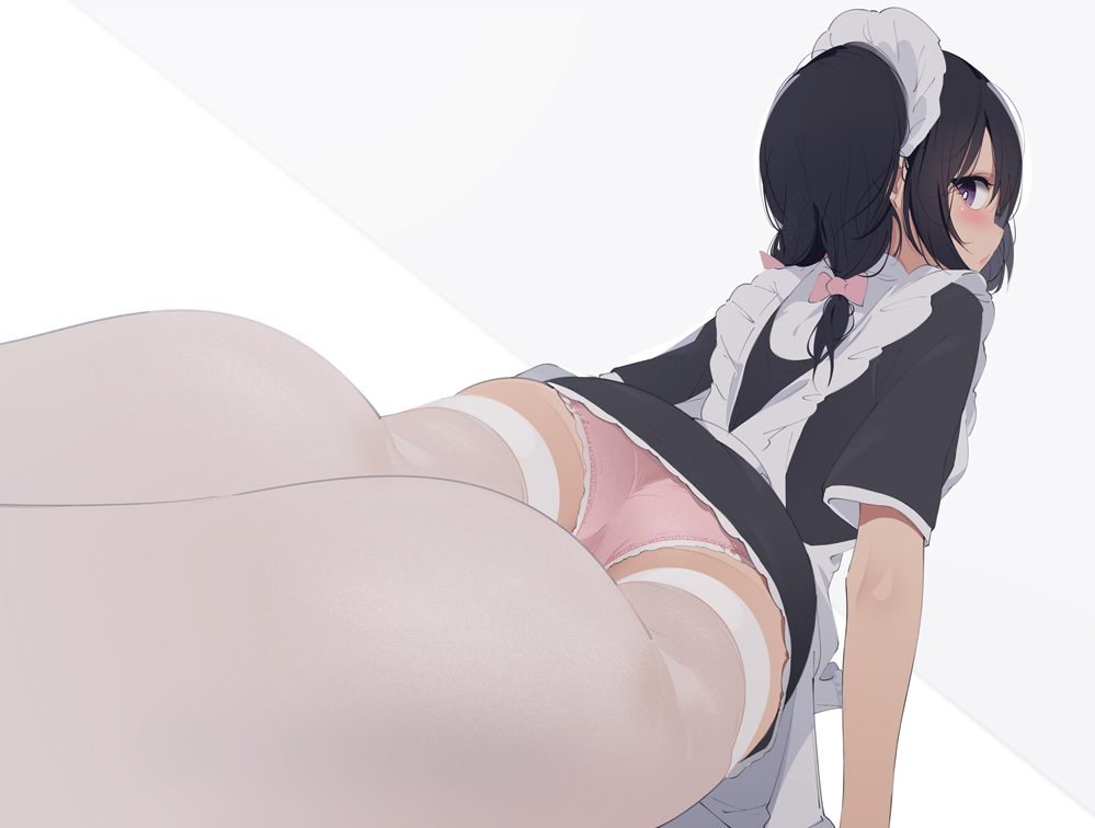 1girl apron ass black_hair bow commentary from_behind hair_bow looking_back lying maid maid_apron maid_headdress on_stomach original panties pink_panties simple_background solo thigh-highs twintails underwear unimon_e violet_eyes white_legwear