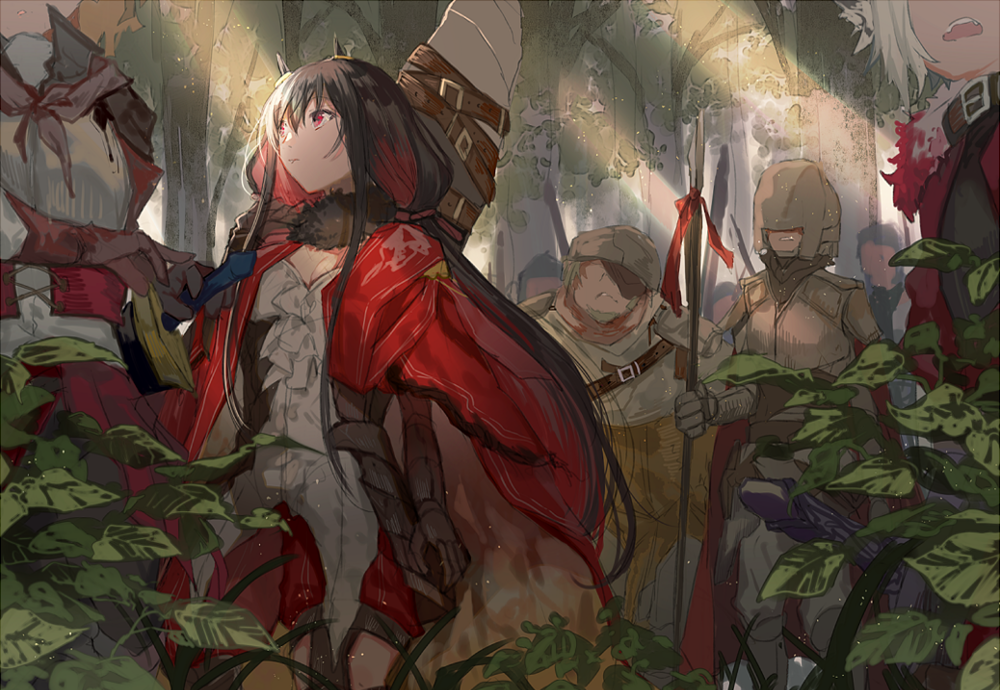 1girl 5boys :o armor artia_(pixiv_fantasia_last_saga) belt black_hair brown_gloves cape day faceless faceless_male forest fur_trim gloves grey_gloves hatutaro helmet holding holding_spear holding_weapon horns long_hair multiple_boys nature outdoors pixiv_fantasia pixiv_fantasia_last_saga polearm red_cape red_eyes spear standing sunlight tree weapon