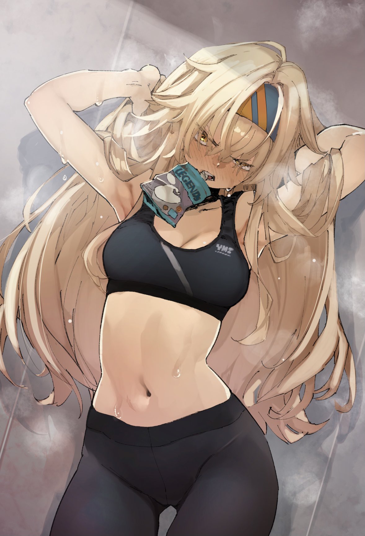 1girl armpits arms_behind_head blonde_hair blush drink hairband highres hyocorou long_hair midriff mouth_hold original pants solo sports_bra steam sweat yellow_eyes yoga_pants