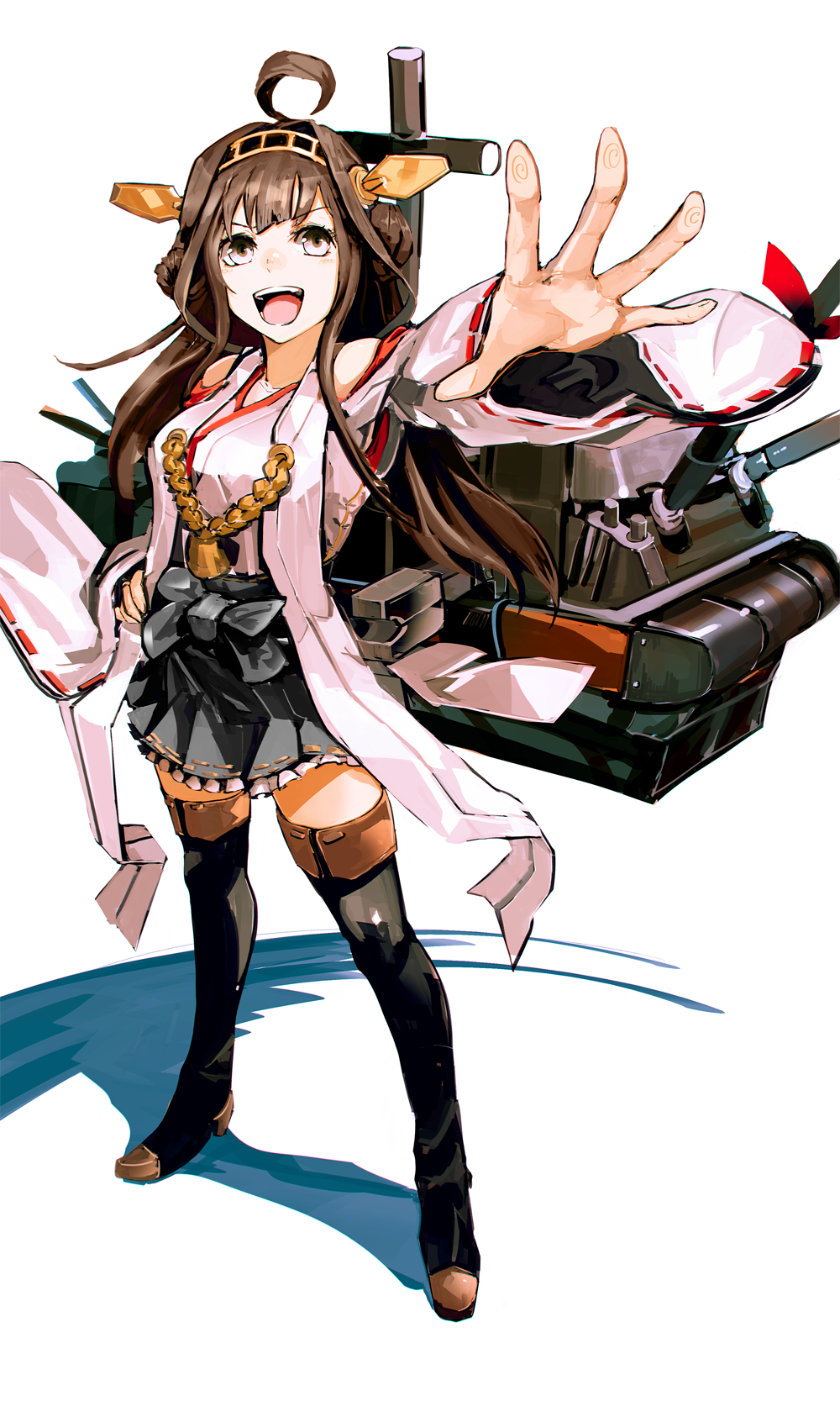 1girl ahoge boots brown_hair cannon detached_sleeves full_body grey_eyes hand_on_hip headgear highres kantai_collection kongou_(kantai_collection) long_hair mecha_musume outstretched_arm photoshop_(medium) pleated_skirt skirt so-bin solo thigh-highs thigh_boots wide_sleeves zettai_ryouiki