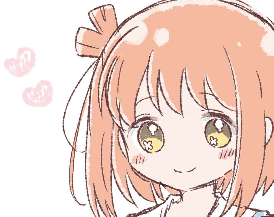 1girl bangs blush brown_eyes brown_hair closed_mouth eyebrows_visible_through_hair flower_in_eye heart ichinose_hana looking_at_viewer one_side_up portrait shika_(s1ka) simple_background slow_start smile solo symbol_in_eye white_background yellow_eyes