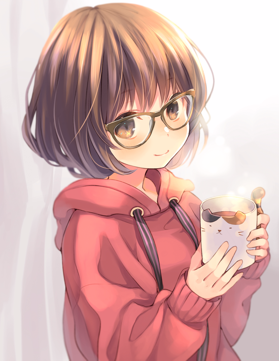 1girl animal_cup blush brown-framed_eyewear brown_eyes brown_hair closed_mouth from_side glasses highres holding hood hood_down hoodie kuga_tsukasa long_sleeves looking_at_viewer looking_to_the_side original red_hoodie short_hair smile solo upper_body