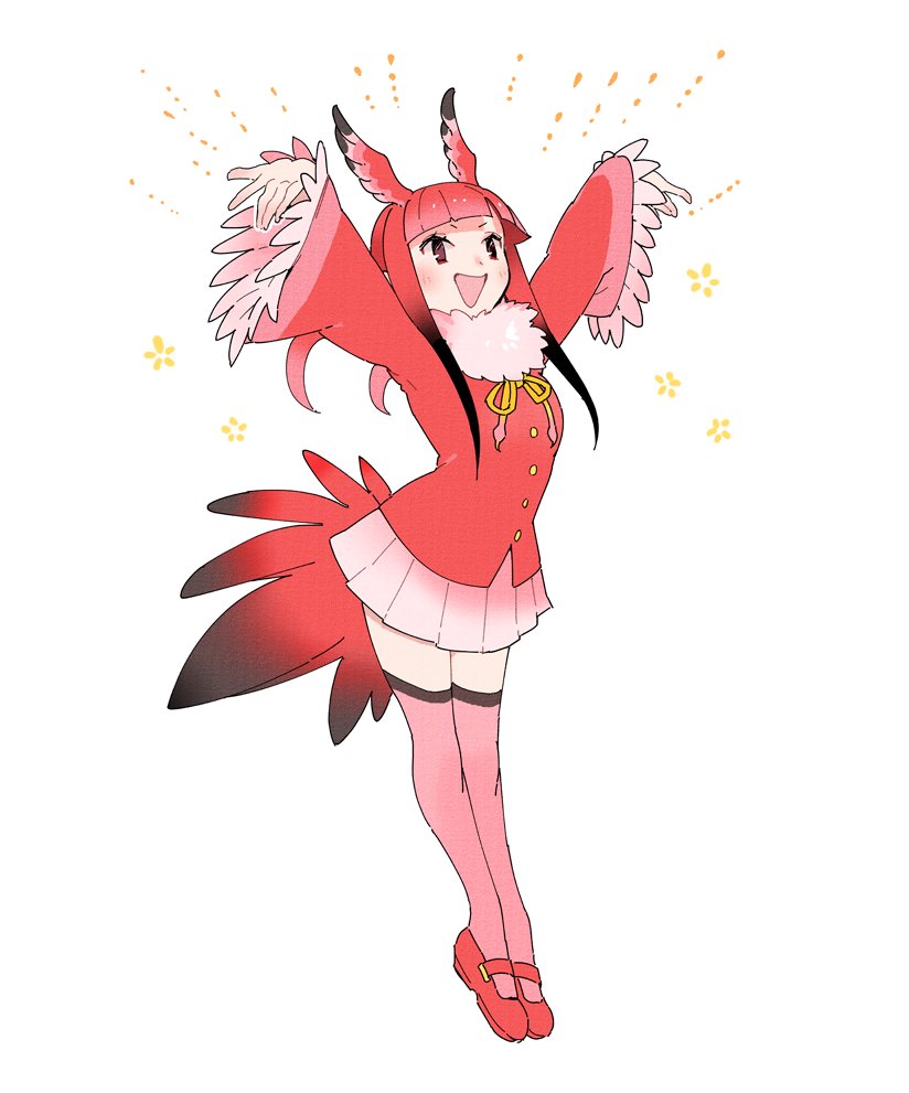 1girl arms_up bangs bird_girl bird_tail bird_wings black_hair blush commentary_request frilled_sleeves frills full_body fur_collar head_wings kemono_friends kemono_friends_3 kurokw long_hair long_sleeves mary_janes multicolored_hair neck_ribbon open_mouth pink_fur pink_skirt pleated_skirt red_footwear red_legwear red_shirt redhead ribbon scarlet_ibis_(kemono_friends) shirt shoes sidelocks skirt solo sparkle thigh-highs twintails wings yellow_neckwear zettai_ryouiki