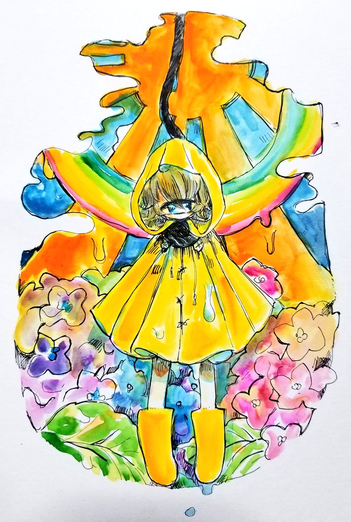 1other androgynous blonde_hair blue_eyes boots colorful cyclops flower hood hood_up looking_at_viewer one-eyed original pale_skin rainbow raincoat rubber_boots shima_(wansyon144) solo upside-down_rainbow wet yellow_footwear