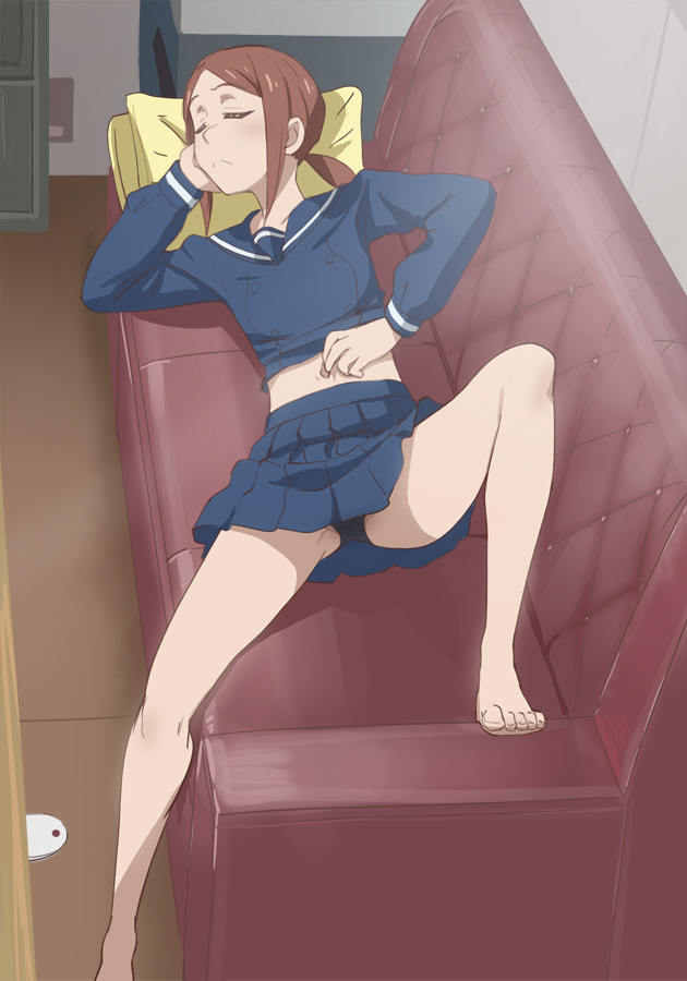 1girl barefoot black_panties blue_shirt blue_skirt brown_hair closed_eyes closed_mouth couch haruyama_kazunori houkago_teibou_nisshi indoors knees_up kuroiwa_yuuki legs lifted_by_self long_sleeves lying midriff navel on_back on_couch panties pantyshot pillow pleated_skirt ponytail school_uniform shirt shirt_lift short_hair skirt sleeping solo spread_legs underwear