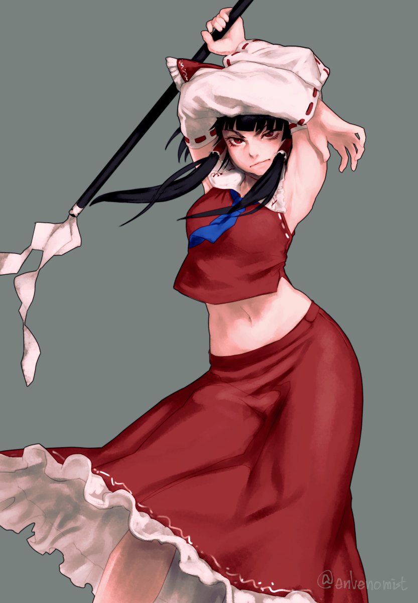 1girl armpits arms_on_head arms_up bangs black_hair blue_neckwear blunt_bangs bow brown_hair closed_mouth collared_shirt commentary_request cowboy_shot detached_sleeves frilled_bow frilled_shirt_collar frilled_skirt frills gengoroumaru_(ambidextrous) gohei hair_bow hair_tubes hakurei_reimu highres holding long_hair long_sleeves looking_at_viewer midriff navel necktie red_bow red_eyes red_ribbon red_shirt red_skirt ribbon ribbon-trimmed_shirt ribbon-trimmed_sleeves ribbon_trim shirt sidelocks simple_background skirt skirt_lift skirt_set sleeveless sleeveless_shirt solo touhou twitter_username v-shaped_eyebrows white_ribbon