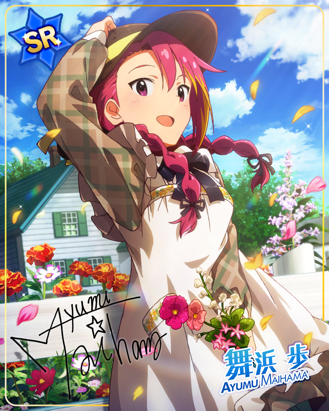 blush character_name idolmaster_million_live!_theater_days jacket long_hair maihama_ayumu pink_eyes pink_hair smile