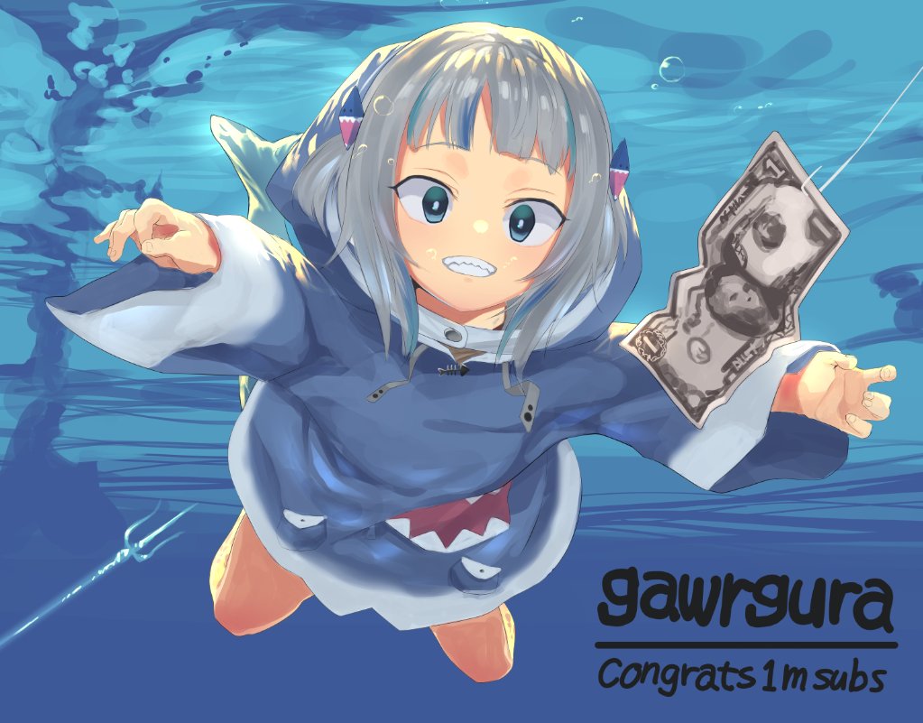 1girl album_cover album_cover_redraw animal_hood bangs blue_eyes blue_hair blue_hoodie blunt_bangs cover fish_tail fishing_line fishing_lure gawr_gura hair_ornament hololive hololive_english holomyth hood medium_hair money multicolored_hair nevermind nirvana_(band) parody satou_pikuta shark_girl shark_hair_ornament shark_hood shark_print shark_tail sharp_teeth shiny shiny_hair silver_hair solo streaked_hair swimming tail teeth two_side_up underwater virtual_youtuber wide_sleeves