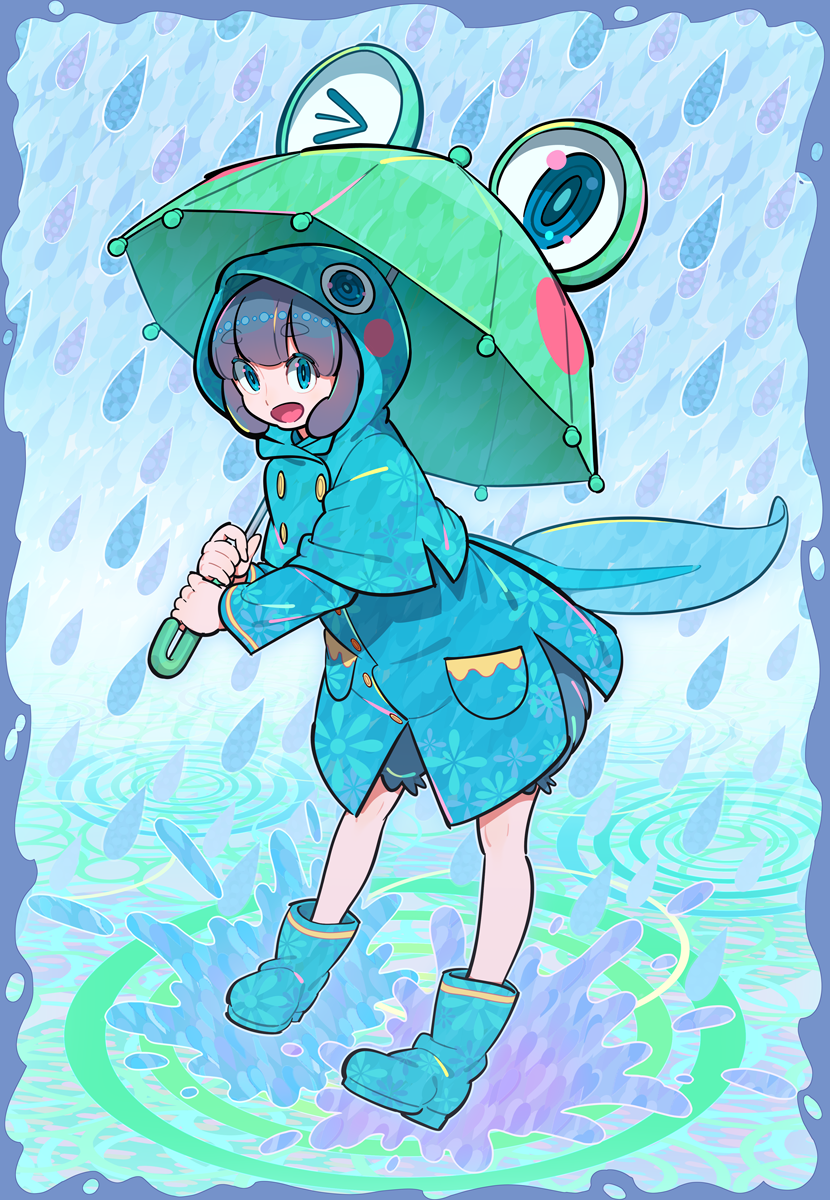 1girl aqua_footwear bangs black_hair boots eyebrows_visible_through_hair full_body highres holding holding_umbrella hood hood_up long_sleeves nobile1031 open_mouth original pocket rain raincoat solo splashing standing tadpole_tail umbrella