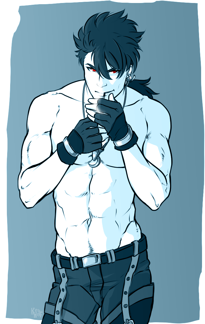 1boy abs belt biceps bracelet cigarette cowboy_shot crescent_necklace cu_chulainn_(fate)_(all) cu_chulainn_(fate/prototype) earrings fate_(series) fingerless_gloves gloves grin groin hoop_earrings jewelry keyhof lighting_cigarette long_hair looking_at_viewer male_focus male_pubic_hair muscle navel ponytail pubic_hair red_eyes shirtless smile smoking solo spiky_hair type-moon