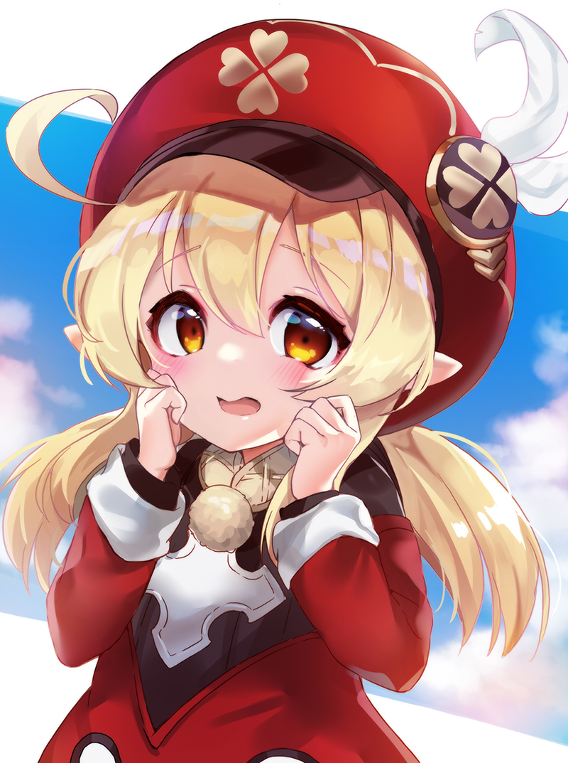1girl ahoge bangs blonde_hair blush cabbie_hat commentary_request day dress eyebrows_visible_through_hair feathers genshin_impact hair_between_eyes hands_up hat hat_feather klee_(genshin_impact) long_hair long_sleeves looking_at_viewer low_twintails open_mouth picter pointy_ears red_dress red_eyes red_headwear solo twintails upper_body white_feathers