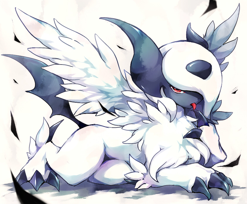 absol claws commentary_request full_body gen_3_pokemon kuronekotarou looking_at_viewer lying mega_absol mega_pokemon no_humans pokemon pokemon_(creature) red_eyes solo tail tongue tongue_out white_fur