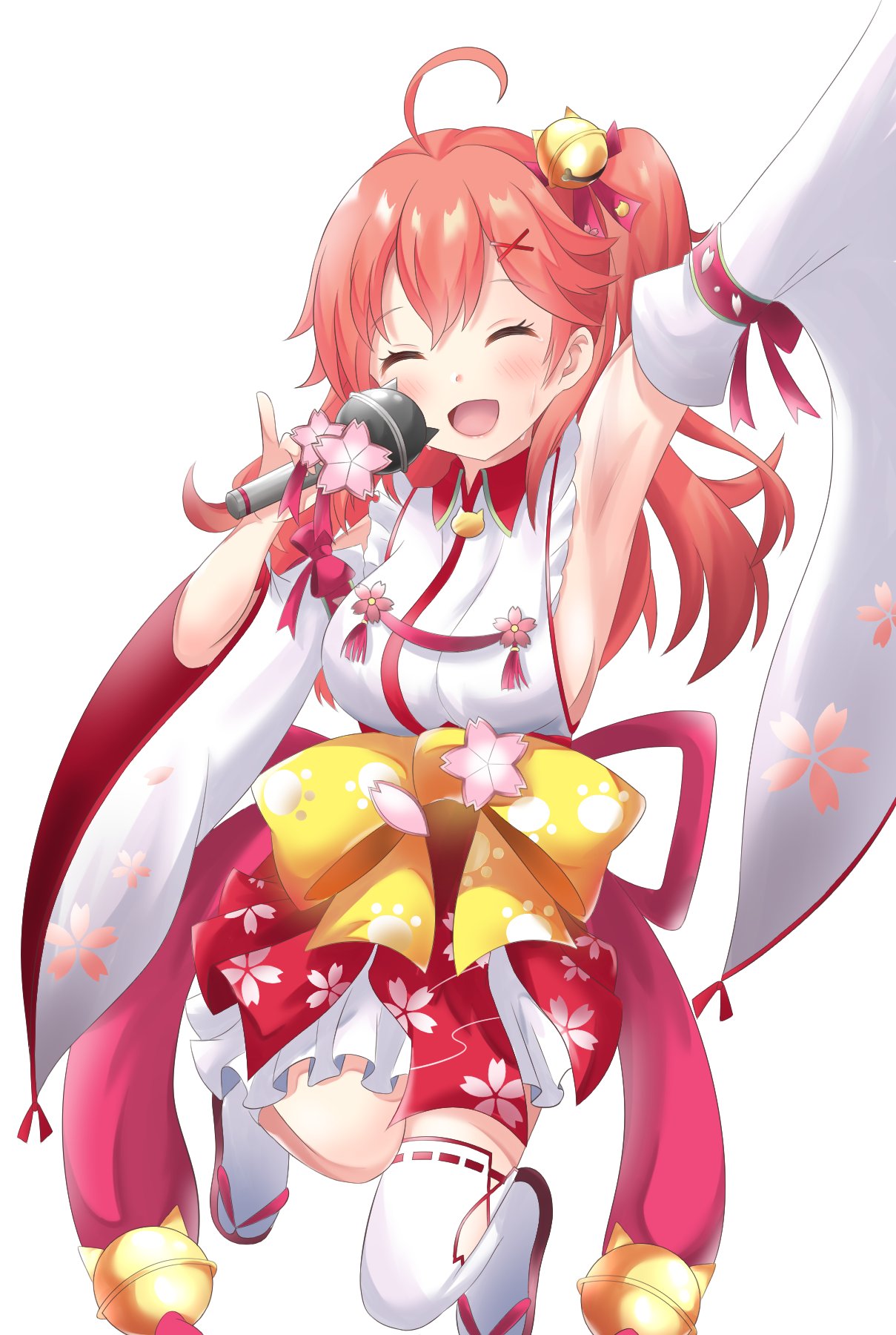 1girl ahoge armpits bell breasts cherry_blossom_print closed_eyes detached_sleeves floral_print hair_bell hair_ornament hairclip highres hikarin0502 holding holding_microphone hololive long_hair microphone open_mouth paw_print_pattern pink_hair sakura_miko sandals sideboob single_thighhigh solo thigh-highs virtual_youtuber white_background white_legwear x_hair_ornament