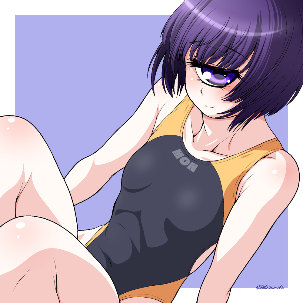 1girl bare_arms border breasts closed_mouth collarbone cyclops kouda_tomohiro looking_at_viewer manako monster_girl monster_musume_no_iru_nichijou one-eyed one-piece_swimsuit purple_hair short_hair small_breasts smile solo swimsuit violet_eyes white_border