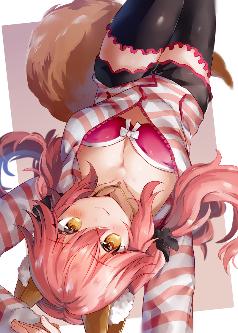 1girl animal_ear_fluff animal_ears bangs blush breasts fate/extra fate_(series) fox_ears fox_girl fox_tail hair_between_eyes large_breasts long_hair long_sleeves looking_at_viewer pink_hair smile tail tamamo_(fate)_(all) tamamo_no_mae_(fate) tatara_maguro twintails yellow_eyes