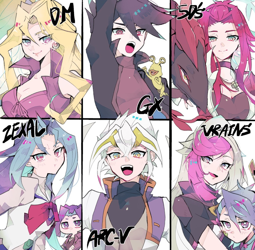 3boys 5girls bessho_emma black_hair black_rose_dragon blonde_hair blue_girl copyright_name duel_academy_uniform_(yuu-gi-ou_gx) duel_monster earrings facial_mark ghost_girl_(yuu-gi-ou_vrains) gradient_eyes hair_between_eyes izayoi_aki jacket jewelry kamishiro_rio kamishiro_ryouga kujaku_mai looking_at_viewer manjoume_jun multicolored multicolored_eyes multicolored_hair multiple_boys multiple_girls ojama_yellow open_mouth pout redhead tasutekete two-tone_hair yu-gi-oh! yu-gi-oh!_arc-v zaizen_aoi zarc