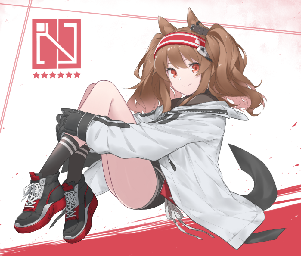 1girl angelina_(arknights) animal_ears arknights bangs black_footwear black_gloves black_legwear brown_hair commentary_request fhang fox_ears gloves hairband jacket knees_up long_hair long_sleeves looking_at_viewer red_eyes red_hairband shoes smile sneakers socks solo thighs twintails white_jacket