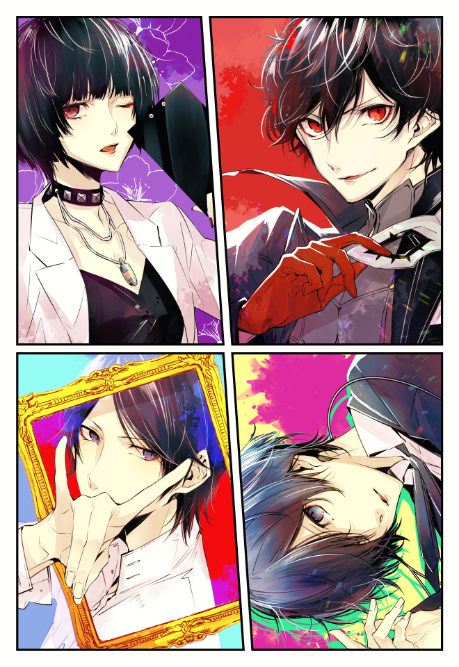 1girl 3boys \n/ amamiya_ren bangs black_hair blue_eyes blue_hair choker earphones gloves holding holding_mask jacket jewelry kitagawa_yuusuke labcoat mask multiple_boys necklace one_eye_closed persona persona_3 persona_5 picture_frame red_eyes red_gloves short_hair studded_choker takemi_tae upper_body yuu_(isis7796) yuuki_makoto