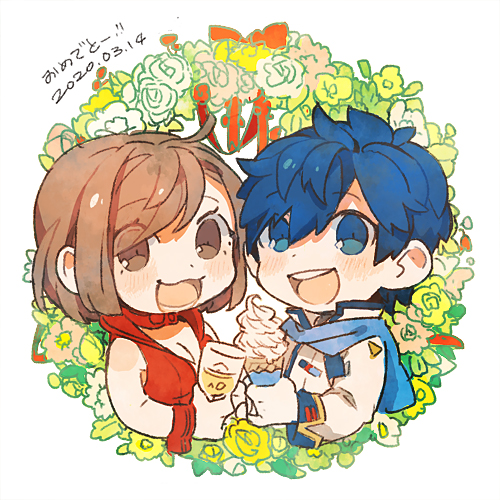 1boy 1girl 8'108 alcohol bare_shoulders beer beer_mug blue_eyes blue_hair blue_scarf brown_eyes brown_hair chibi coat collar commentary congratulations cup dated flower flower_wreath food holding holding_cup holding_food ice_cream kaito kaito_(vocaloid3) lowres meiko meiko_(vocaloid3) mug open_mouth pink_flower red_collar red_ribbon red_shirt ribbon rose scarf shirt side-by-side sleeveless sleeveless_shirt smile soft_serve upper_body vocaloid white_coat white_flower white_rose wreath wrist_cuffs yellow_flower