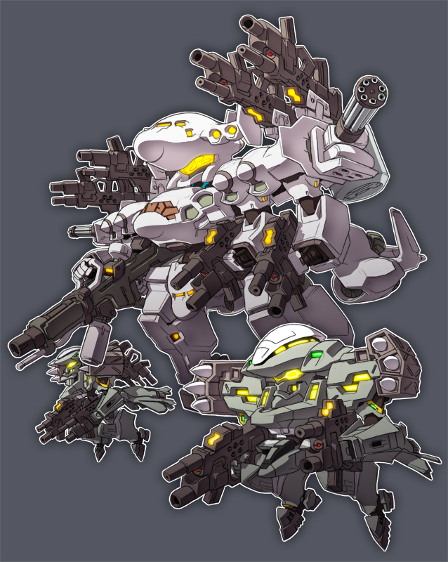 ac-130_spectre chibi extra_arms f-15_eagle_(muvluv) flying glowing glowing_eyes grey_background gun holding holding_gun holding_weapon mecha mechanization muvluv muvluv_alternative no_humans shoulder_cannon susagane visor weapon yellow_eyes