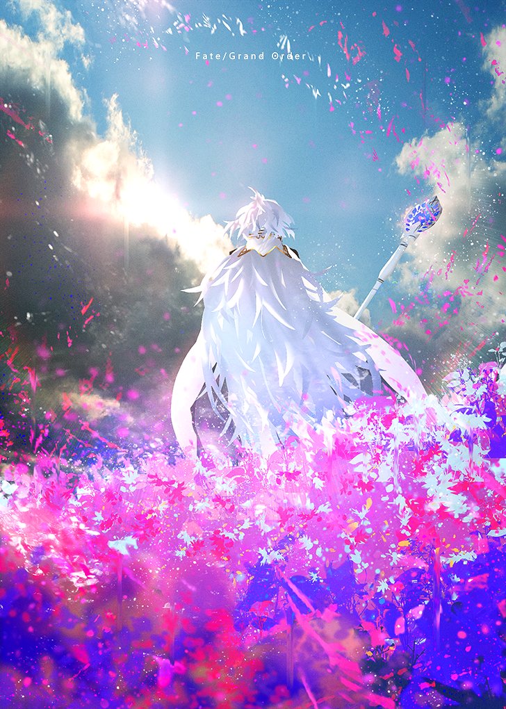 1girl clouds copyright_name facing_away fate/grand_order fate/prototype fate_(series) flower from_behind holding long_hair merlin_(fate/prototype) otsumami_(bu-bu-heaven) outdoors scenery sky solo staff standing sunlight tagme very_long_hair white_hair white_robe