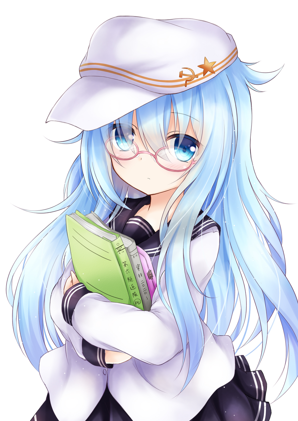 1girl bangs baseball_cap black_sailor_collar black_skirt blue_eyes closed_mouth collared_shirt eyebrows_visible_through_hair eyes_visible_through_hair floating_hair glasses hair_between_eyes hair_over_one_eye hammer_and_sickle hat hat_ornament hibiki_(kantai_collection) highres holding kantai_collection kata_rosu long_hair long_sleeves looking_at_viewer miniskirt pink-framed_eyewear pleated_skirt sailor_collar sailor_shirt school_uniform serafuku shiny shiny_hair shirt silver_hair simple_background skirt solo star_(symbol) star_hat_ornament verniy_(kantai_collection) very_long_hair white_background white_headwear white_shirt