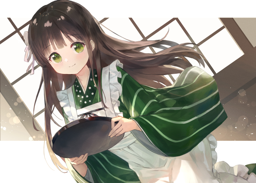 1girl ama_usa_an_uniform apron backlighting bangs blunt_bangs blurry bokeh border brown_hair closed_mouth commentary_request depth_of_field dot_nose dutch_angle eyebrows_visible_through_hair floating_hair frilled_apron frills from_side gochuumon_wa_usagi_desu_ka? green_eyes green_kimono hair_ornament hair_ribbon hands_up holding holding_tray indoors japanese_clothes kimono kobuta light light_particles light_smile long_hair long_sleeves looking_at_viewer outside_border polka_dot polka_dot_trim ribbon shouji sliding_doors solo striped tareme tray ujimatsu_chiya vertical-striped_kimono vertical_stripes very_long_hair wa_maid walking white_apron white_border white_ribbon wide_sleeves