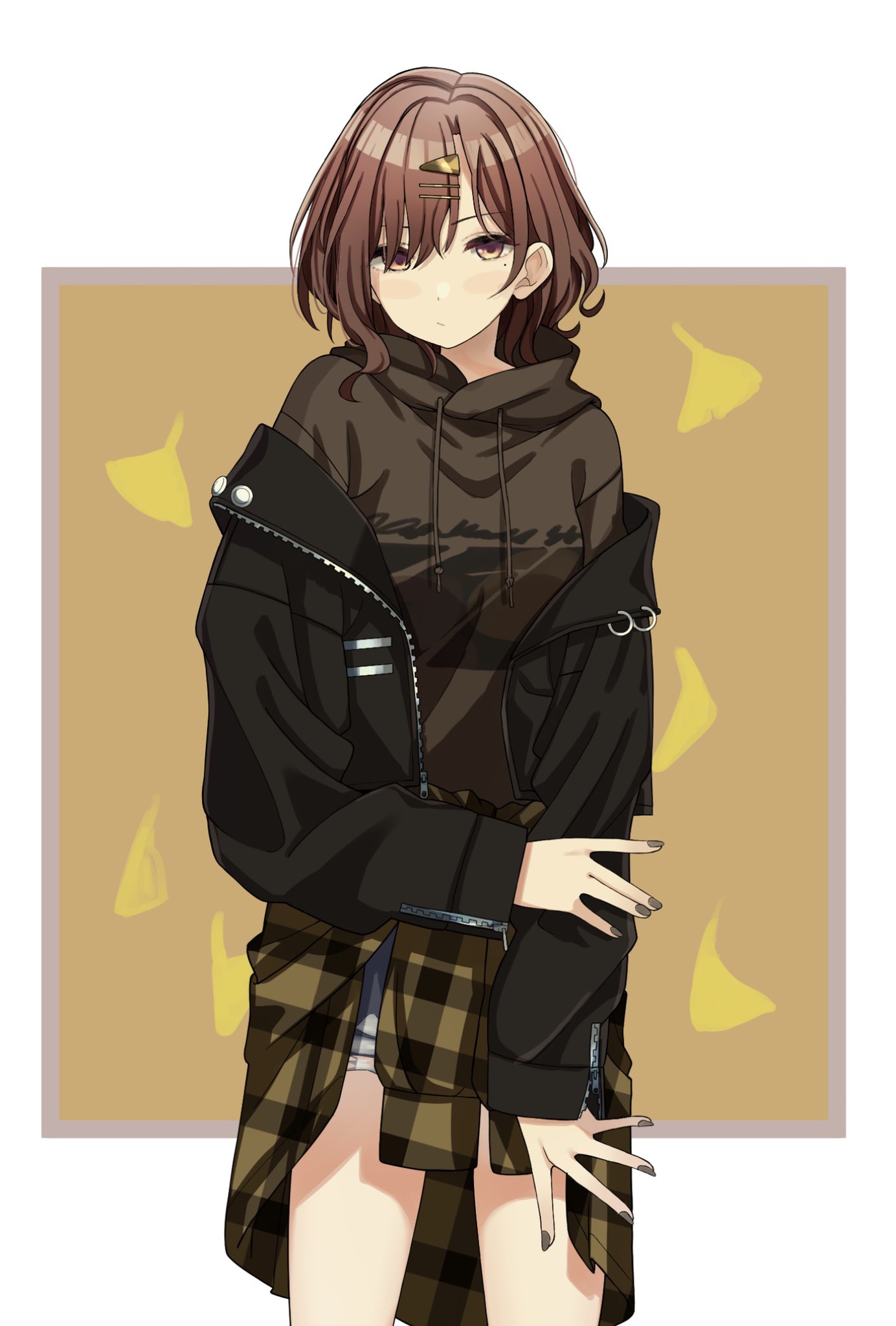 1girl bangs black_jacket brown_background brown_eyes brown_hair brown_hoodie closed_mouth clothes_around_waist commentary_request drawstring eyebrows_visible_through_hair ginkgo_leaf grey_nails grey_shorts hair_ornament hair_over_one_eye hairclip highres higuchi_madoka hood hood_down hoodie idolmaster idolmaster_cinderella_girls idolmaster_cinderella_girls_starlight_stage jacket long_sleeves looking_at_viewer nail_polish off_shoulder open_clothes open_jacket plaid shiwa_(siwaa0419) short_shorts shorts sleeves_past_wrists solo standing white_background