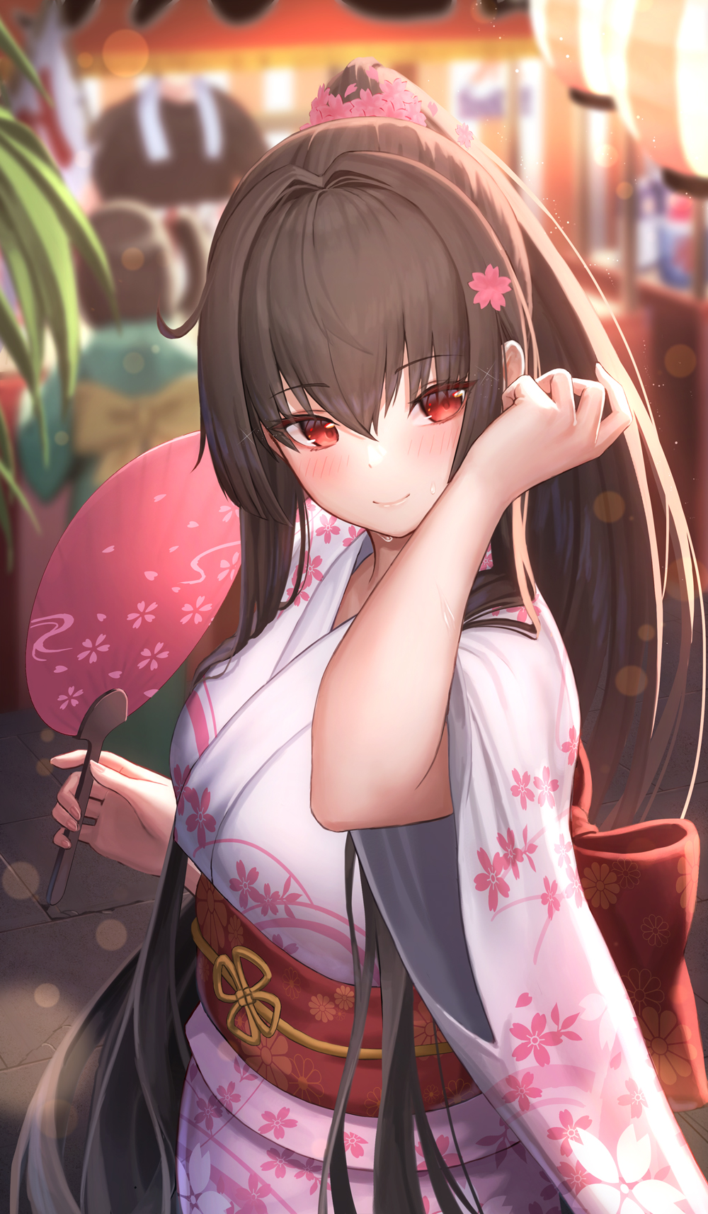 1girl adjusting_hair alternate_costume bangs brown_eyes brown_hair commentary_request commission eyebrows_visible_through_hair fan flower from_above hair_flower hair_ornament high_ponytail highres holding holding_fan japanese_clothes kantai_collection kimono long_hair obi paper_fan ponytail sash sidelocks skeb_commission suraimu_(suraimuraimu) uchiwa very_long_hair white_kimono wide_sleeves yamato_(kantai_collection)