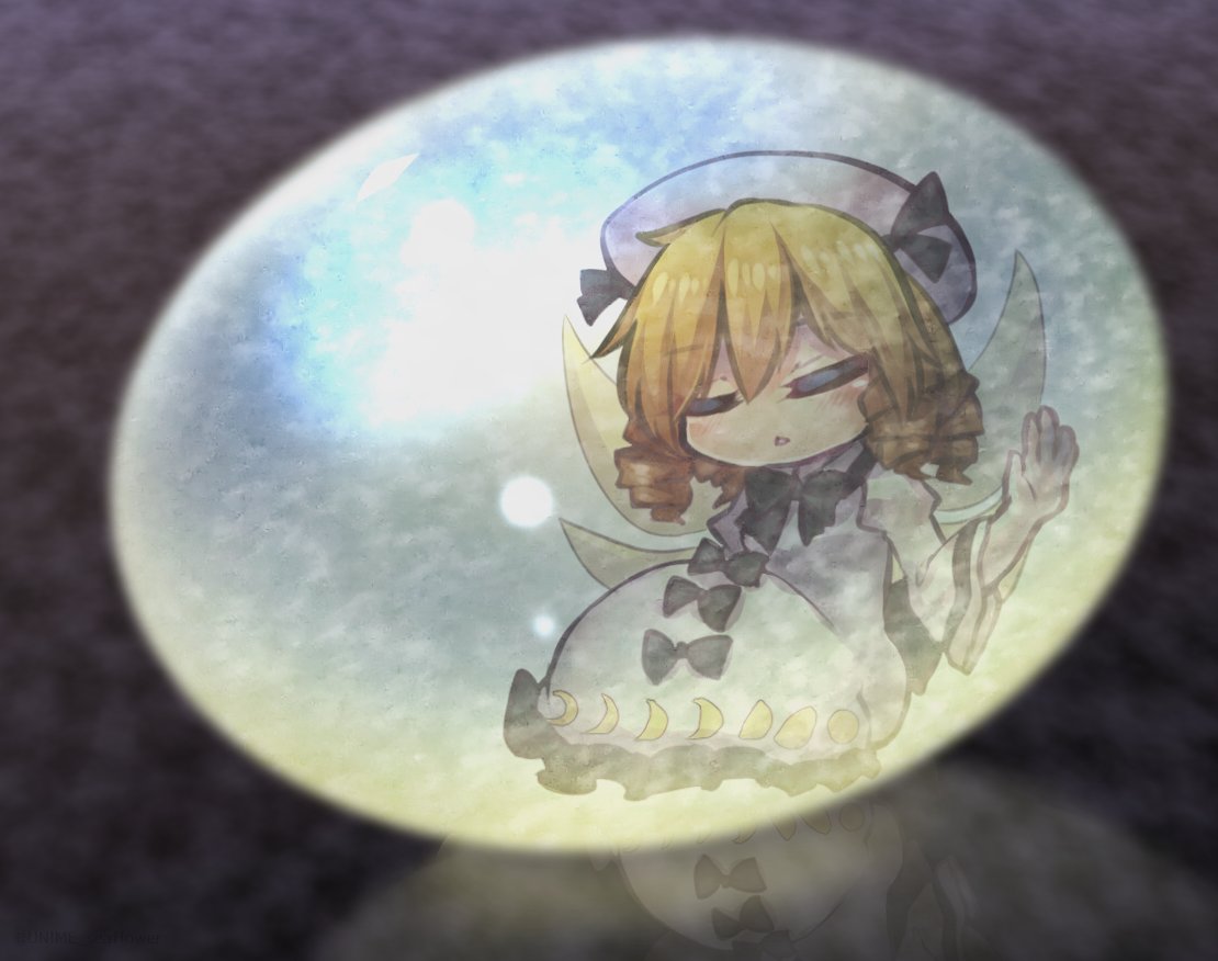 1girl bangs black_bow black_neckwear blonde_hair bow bowtie closed_eyes dress dress_bow drill_hair eyebrows_visible_through_hair fairy fairy_wings frilled_dress frills full_body gem hand_up light_particles luna_child medium_hair moon_print open_mouth reflection sitting solo touhou unime_seaflower white_dress white_headwear wings