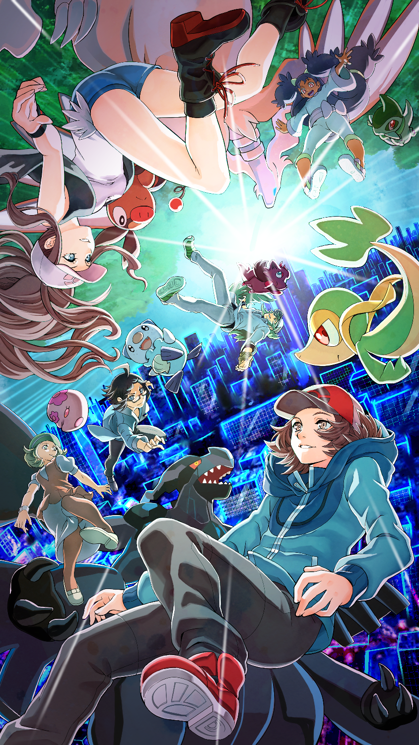 3boys 3girls ahoge axew baseball_cap bianca_(pokemon) black_footwear black_hair black_legwear black_pants black_vest blue_hoodie boots brown_hair capri_pants cheren_(pokemon) cityscape commentary_request dark_skin denim denim_shorts floating_hair gen_5_pokemon glasses green_hair hat highres hilbert_(pokemon) hilda_(pokemon) iris_(pokemon) legendary_pokemon long_hair long_sleeves multiple_boys multiple_girls munna n_(pokemon) orange_legwear oshawott pants pantyhose parted_lips pokemon pokemon_(creature) pokemon_(game) pokemon_bw reshiram ryuusei_(trickster) shirt shoes short_shorts short_sleeves shorts sidelocks skirt sleeveless sleeveless_shirt snivy socks spread_fingers tepig vest white_shirt zekrom zorua