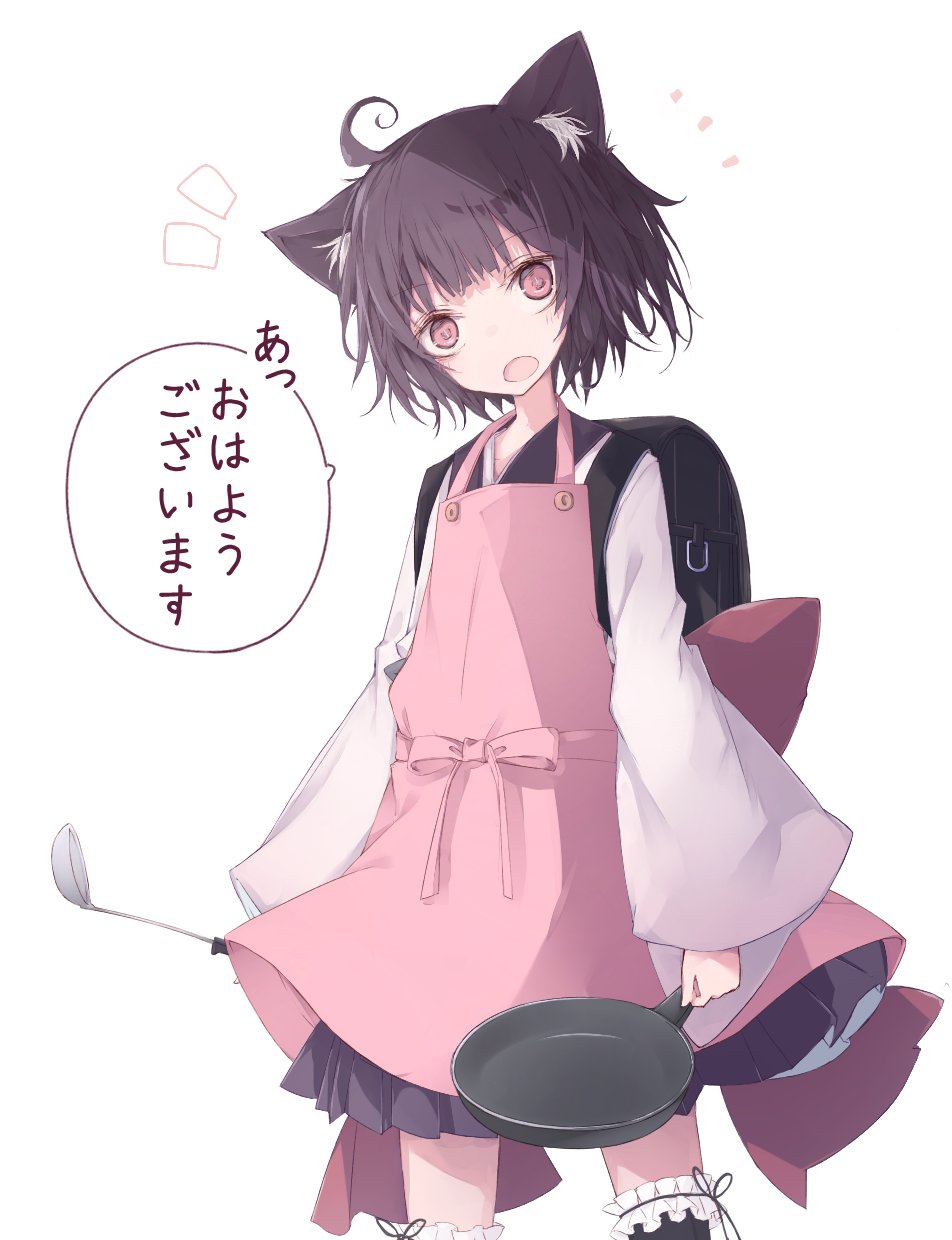 /\/\/\ 1girl ahoge animal_ears apron bag black_skirt brown_eyes brown_hair cat_ears commentary cowboy_shot frilled_legwear frying_pan gavrof highres holding holding_frying_pan holding_ladle japanese_clothes kimono ladle looking_at_viewer miniskirt open_mouth pink_apron pleated_skirt school_bag short_hair skirt solo speech_bubble thigh-highs touhoku_kiritan translated voiceroid white_background white_kimono