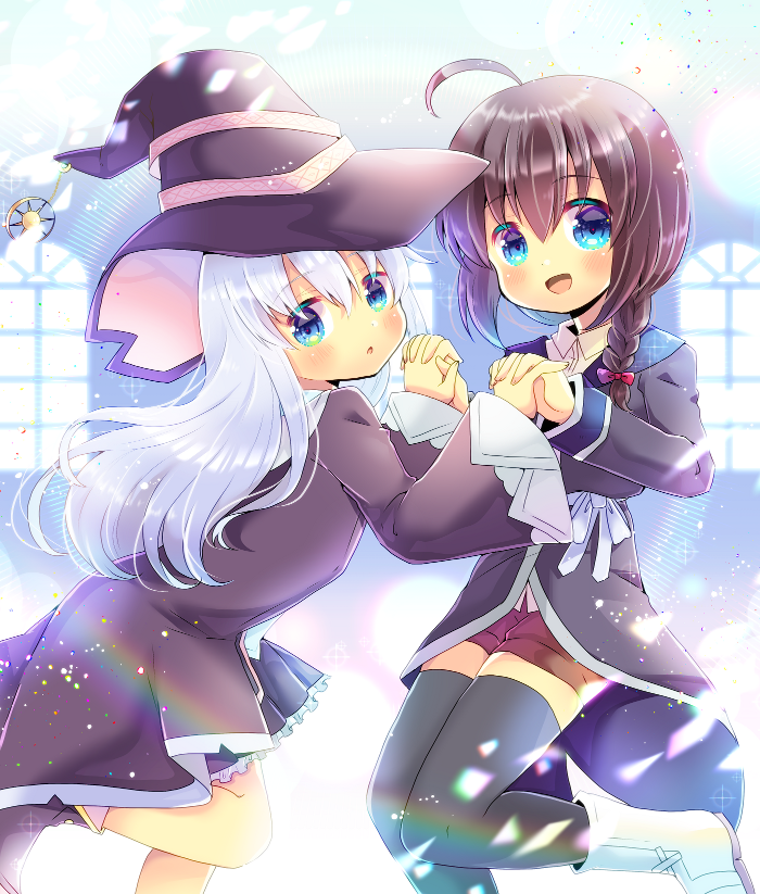 2girls :d :o ahoge bangs black_footwear black_headwear black_legwear black_robe black_skirt blue_eyes blush boots bow braid brown_hair character_request collared_shirt commentary_request cosplay dress_shirt elaina_(majo_no_tabitabi) elaina_(majo_no_tabitabi)_(cosplay) eyebrows_visible_through_hair frilled_skirt frills hair_between_eyes hair_bow hat hibiki_(kantai_collection) holding_hands interlocked_fingers kantai_collection kouu_hiyoyo long_sleeves looking_at_viewer majo_no_tabitabi multiple_girls open_clothes open_mouth open_robe parted_lips pleated_skirt red_bow red_shorts robe shigure_(kantai_collection) shirt short_shorts shorts silver_hair single_braid skirt smile thigh-highs thighhighs_under_boots white_footwear white_shirt wide_sleeves window witch_hat