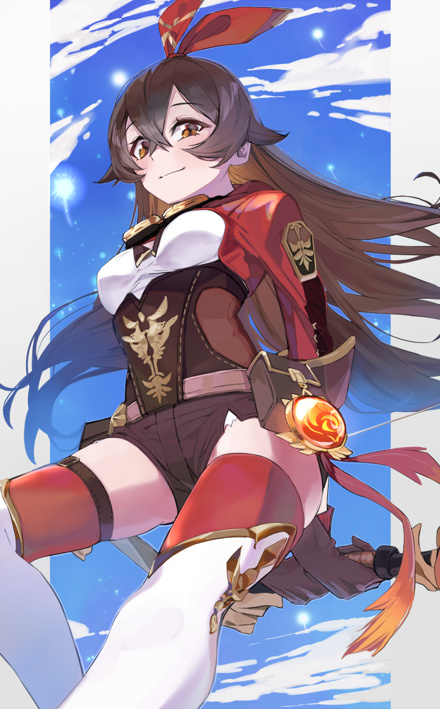 1girl amber_(genshin_impact) bangs blush breasts brown_eyes brown_gloves brown_hair brown_shorts crossed_bangs genshin_impact gloves goggles goggles_around_neck highres lempika long_hair long_sleeves looking_at_viewer medium_breasts pouch red_legwear red_ribbon ribbon short_shorts shorts shrug_(clothing) smile