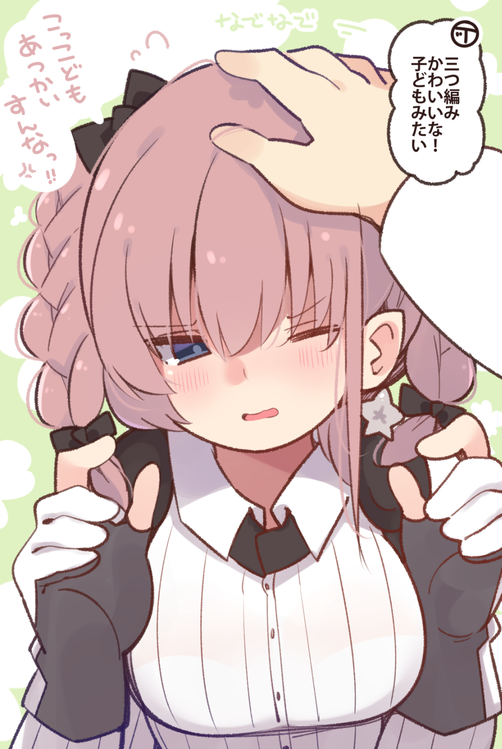 1boy 1girl admiral_(kantai_collection) alternate_hairstyle atlanta_(kantai_collection) blush braid breasts brown_hair buttons collared_shirt earrings eyebrows_visible_through_hair gloves grey_eyes highres jewelry kantai_collection large_breasts long_hair long_sleeves one_eye_closed open_mouth partially_fingerless_gloves shirt solo_focus speech_bubble star_(symbol) star_earrings suzuki_toto translated twin_braids upper_body white_shirt