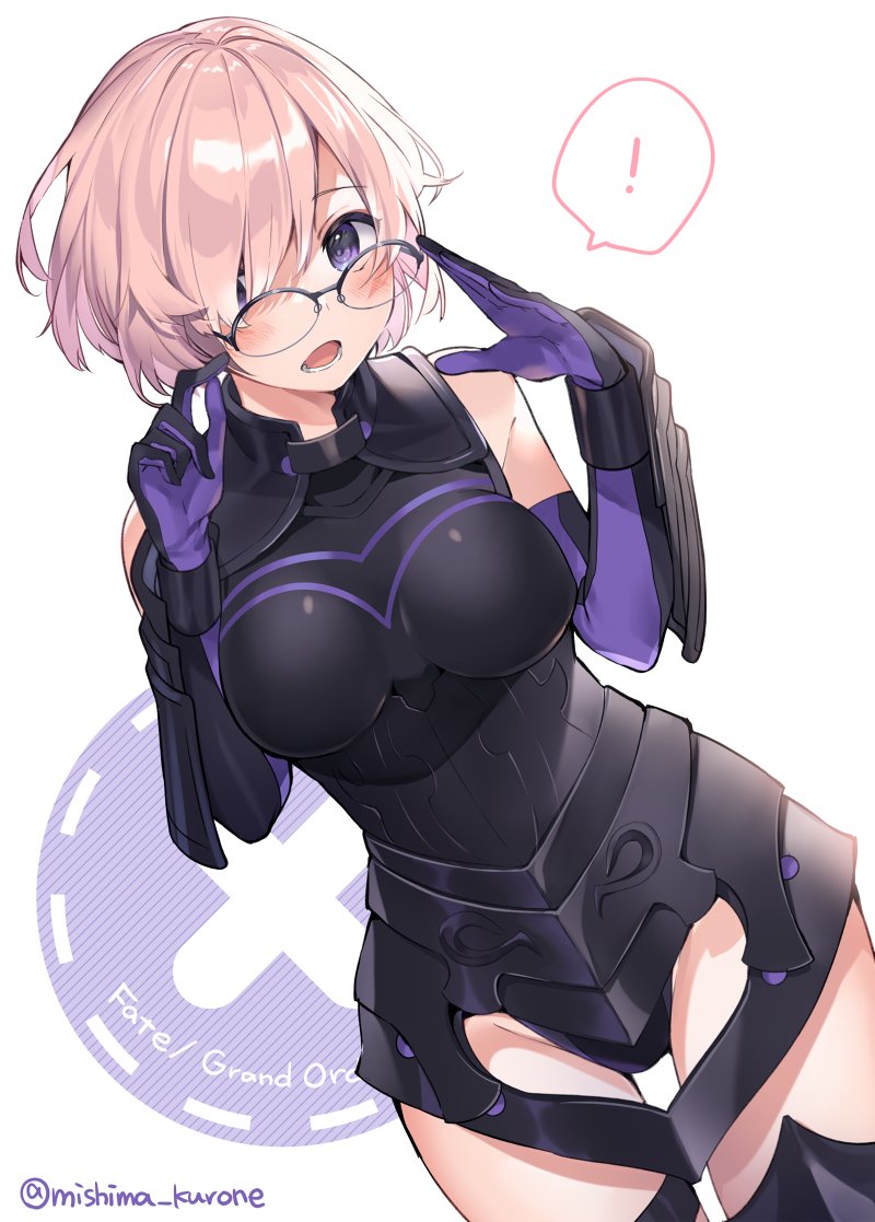 ! 1girl armor armored_boots armored_dress bangs black_dress blush boots breasts copyright_name dress elbow_gloves fate/grand_order fate_(series) faulds glasses gloves hair_over_one_eye large_breasts mash_kyrielight mishima_kurone open_mouth pink_hair simple_background solo spoken_exclamation_mark thigh-highs thigh_boots two-tone_background violet_eyes