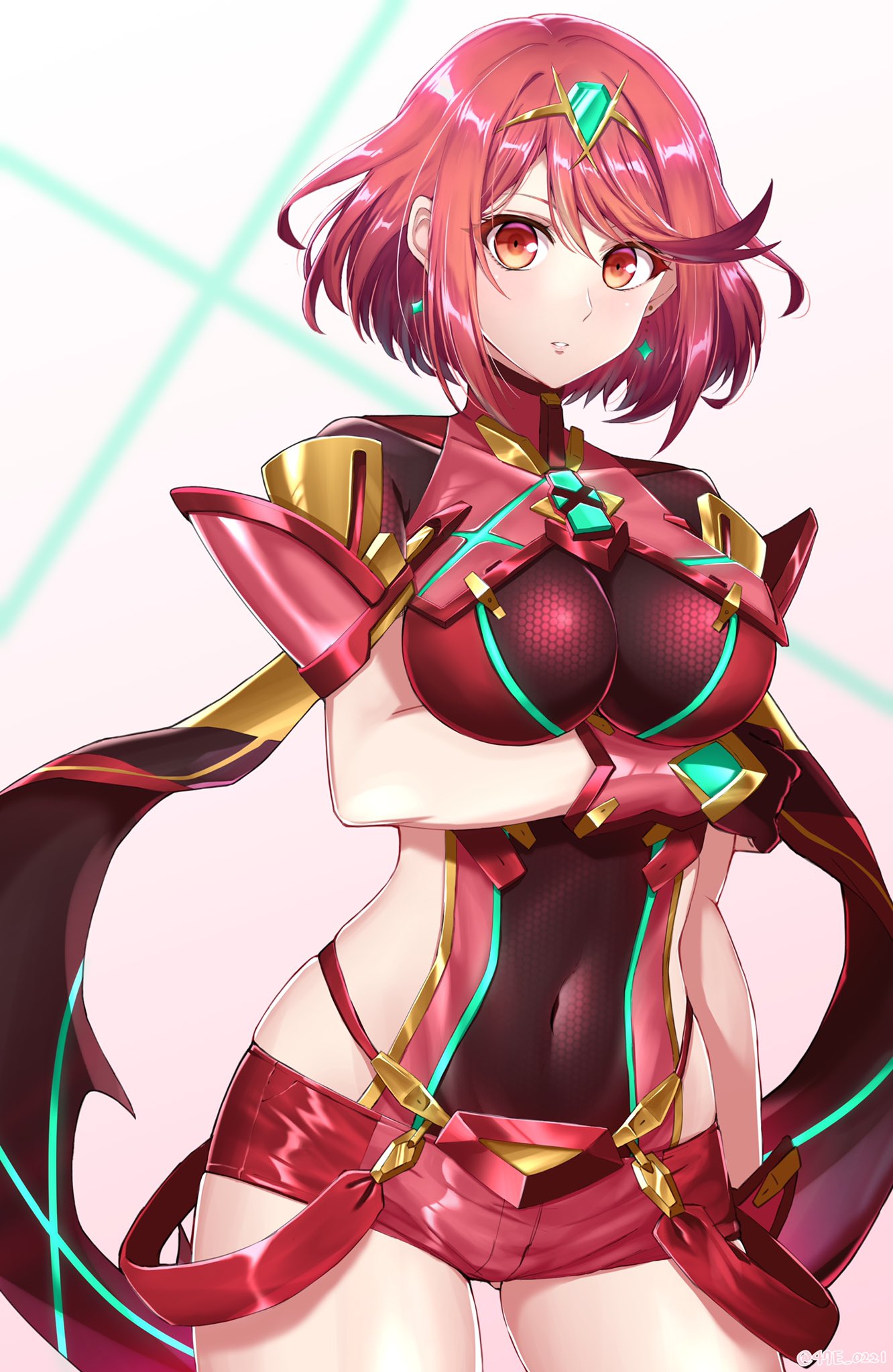 1girl bangs black_gloves breasts chest_jewel covered_navel cowboy_shot earrings fingerless_gloves gloves highres jewelry large_breasts parted_lips pyra_(xenoblade) red_eyes red_shorts redhead shinae short_hair short_shorts shorts solo swept_bangs tiara xenoblade_chronicles_(series) xenoblade_chronicles_2