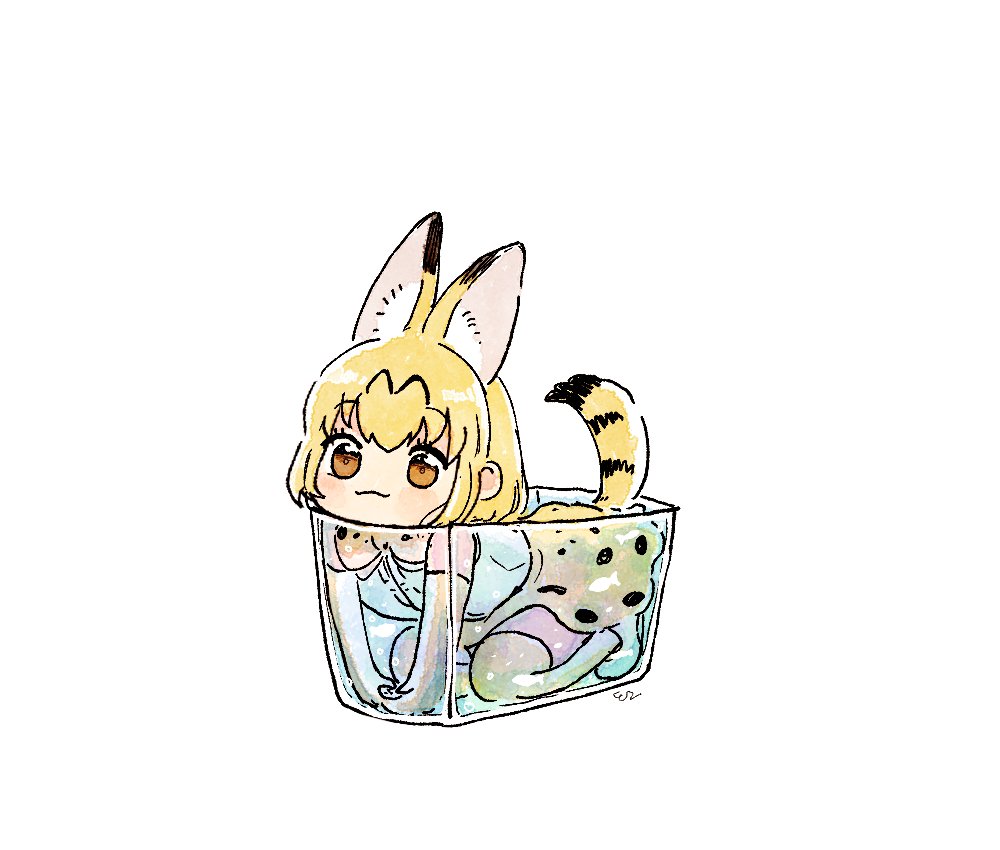 1girl :3 animal_ears bare_shoulders blonde_hair blush bow bowtie elbow_gloves extra_ears eyebrows_visible_through_hair gloves high-waist_skirt in_container kemono_friends print_gloves print_neckwear print_skirt san_sami serval_(kemono_friends) serval_ears serval_girl serval_print serval_tail shirt short_hair skirt sleeveless solo tail thigh-highs white_background white_shirt yellow_eyes zettai_ryouiki