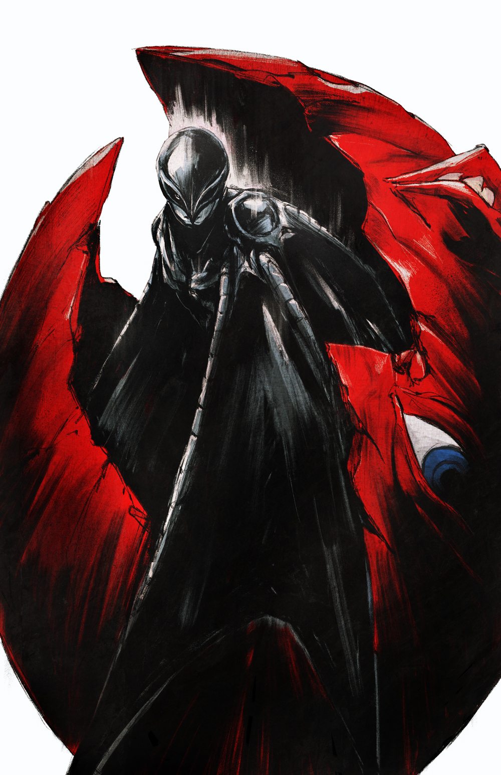 1boy behelit berserk black_cape blue_eyes cape chun_lo closed_mouth crack egg femto_(berserk) griffith_(berserk) hatching helmet highres looking_at_viewer male_focus parted_lips simple_background solo teeth white_background