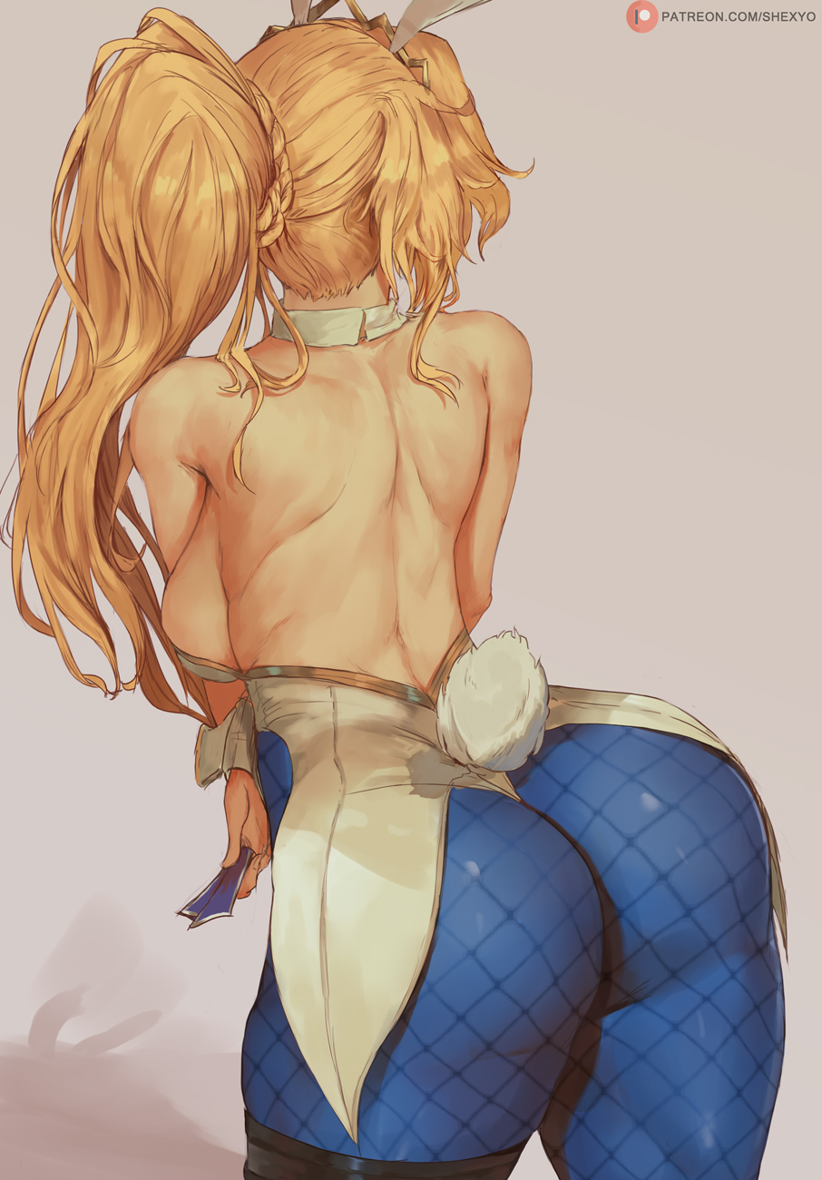 1girl animal_ears artoria_pendragon_(all) artoria_pendragon_(swimsuit_ruler)_(fate) ass back backboob bare_shoulders blonde_hair blue_legwear breasts bunny_tail card curvy fate/grand_order fate_(series) fishnet_legwear fishnets from_behind high_ponytail highleg highleg_leotard highres leotard playing_card rabbit_ears shexyo tail thighs tiara white_leotard wrist_cuffs