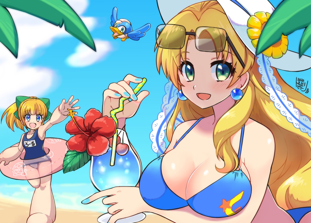 2girls android bangs beach beat_(rockman) bikini blonde_hair blue_bikini blue_eyes blush bow breast_hold breasts capcom clouds cocktail drink drinking_straw earrings eyebrows_visible_through_hair eyewear_on_head flower green_eyes hair_bow hat hat_flower holding holding_drink innertube jewelry kalinka_cossack large_breasts long_hair looking_at_viewer multiple_girls open_mouth robot rockman rockman_(classic) rockman_xover school_swimsuit sky smile summer sun_hat sunglasses swimsuit tobitori waving
