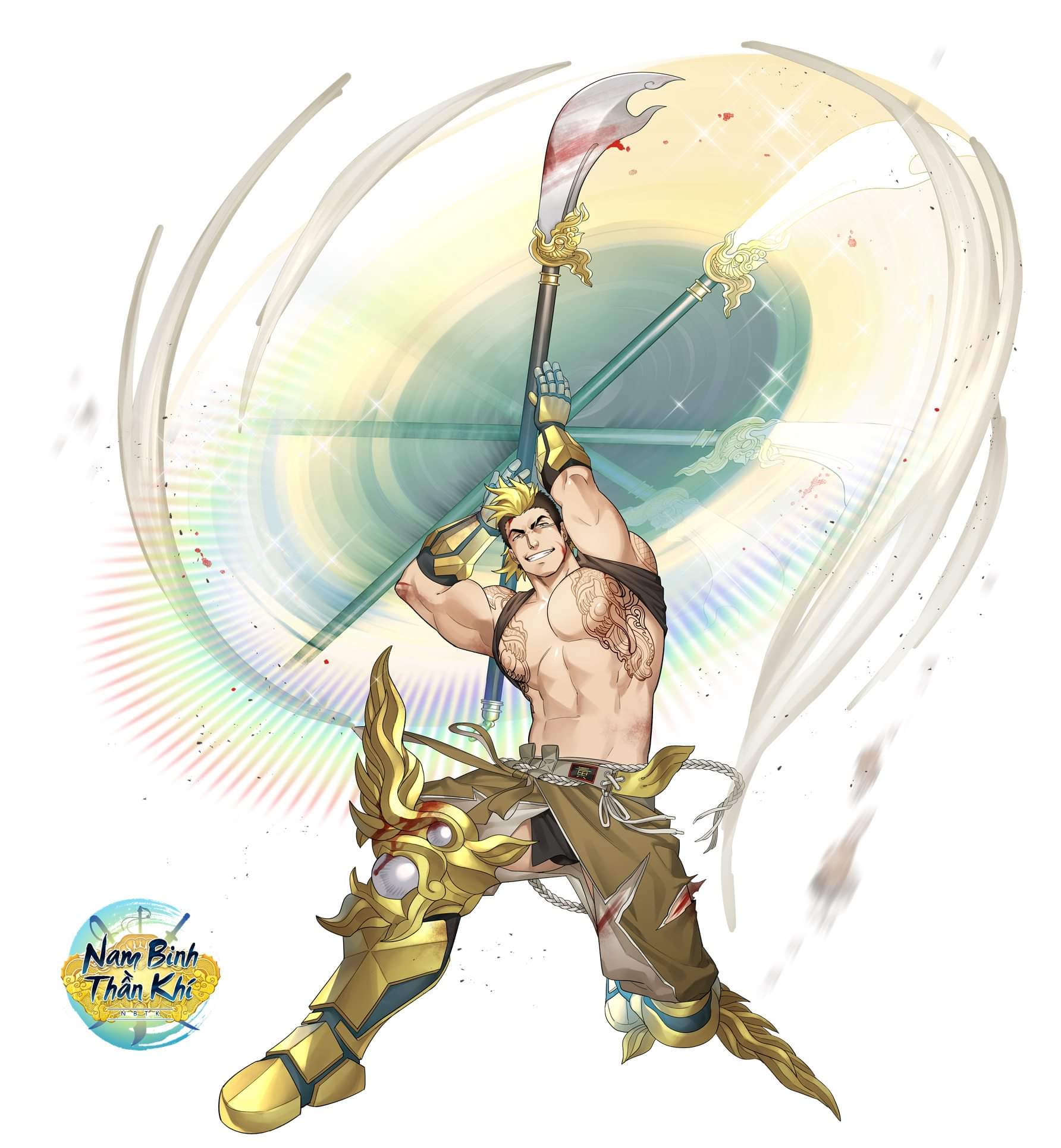 1boy abs bara bare_chest blonde_hair blood bloody_weapon brown_hair chest clothing_cutout fighting_stance full_body highres kienbiu male_focus medium_hair mohawk multicolored_hair muscle nambinhthankhi navel nipples official_art pelvic_curtain polearm shirt_lift shoulder_tattoo sideburns solo spear tattoo thick_thighs thigh_cutout thighs two-tone_hair vambraces weapon